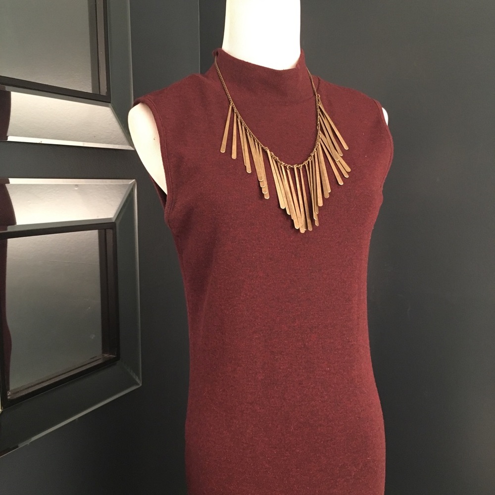 Maroon sleeveless knit dress.